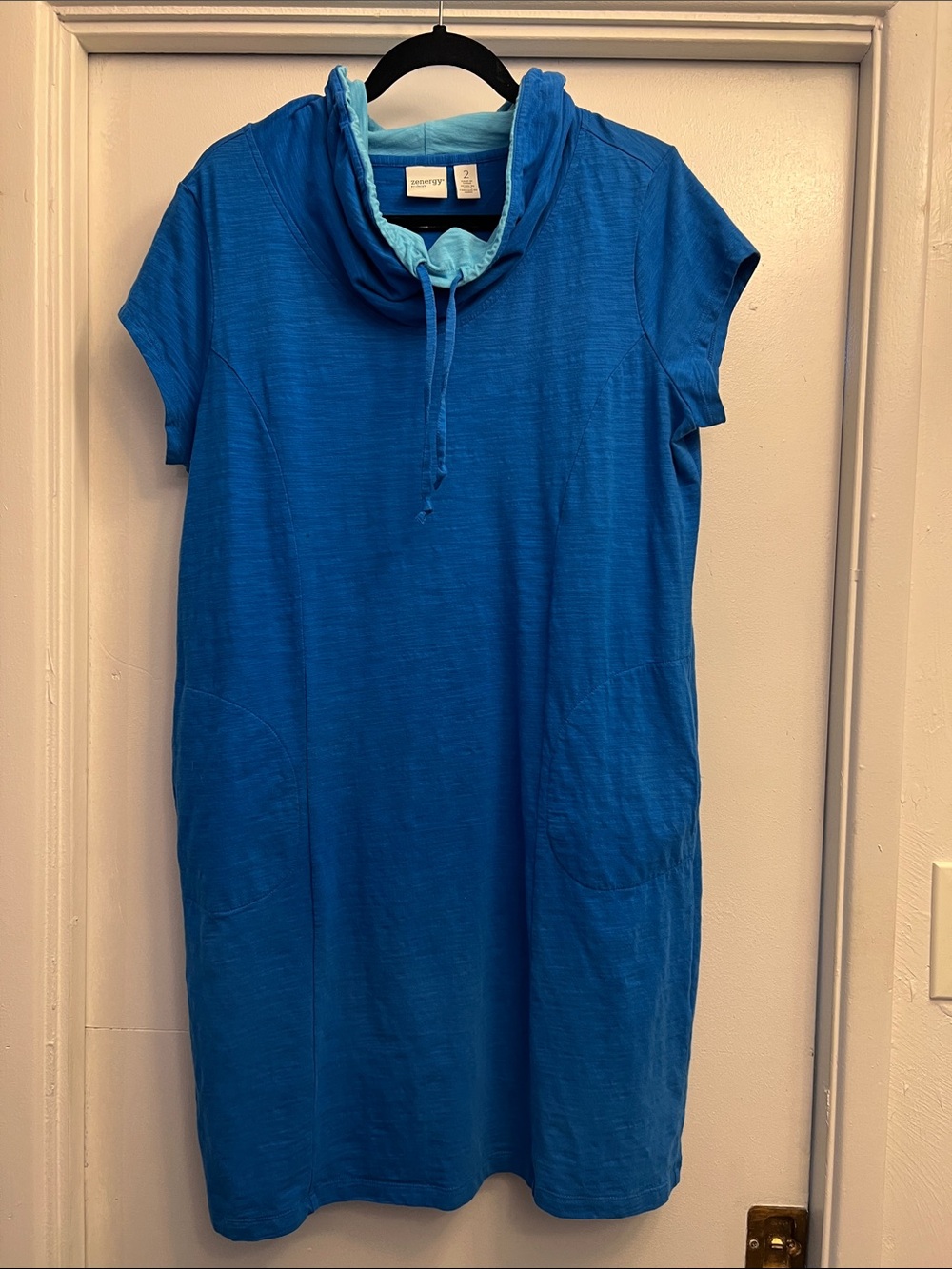 Zenergy by Chico’s Turquoise Blue Short Sleeve Cowl Neck Dress Size 2/Large